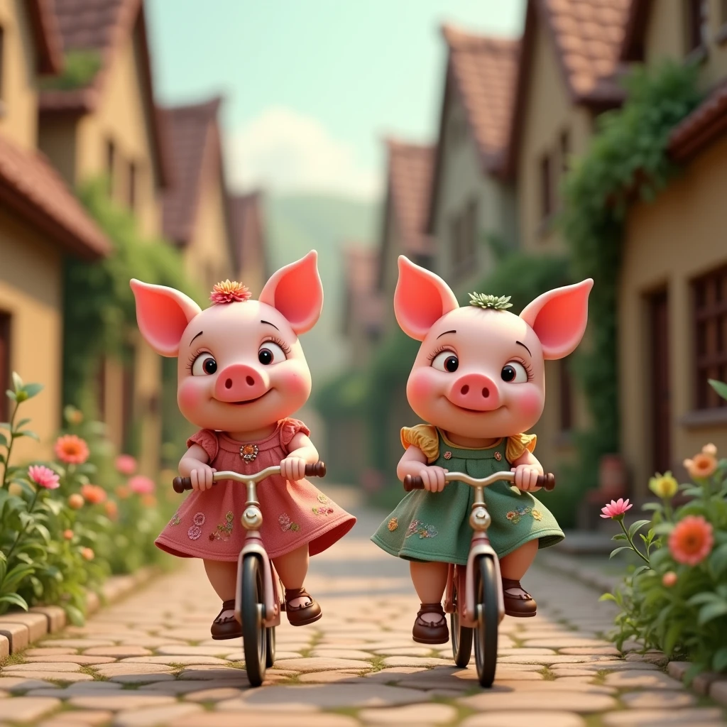 pixar style, 3d, piglets wearing dresses riding bicycles on cobblestone road in village, game button art, Game illustration, lovely digital painting, artstation for kids art, Official artwork, key art, mobile game art, cover game art, zootopia concept art, (soft lighting:1.3), (green and earthy color scheme:1.3), (highly detailed), (ultra quality:1.3), (masterpiece), (digital art), 8K resolution, HDR, depth of field, (soft shadows), (photorealistic:1.3), (animation:1.2), (by Greg Rutkowski:0.9), (in the style of Alphonse Mucha), trending on ArtStation, award-winning art, 3d style