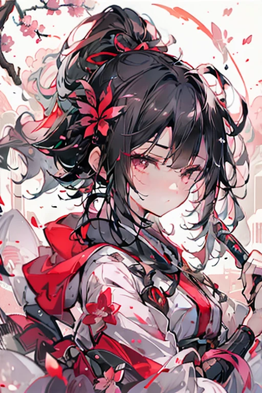 1 person、Night City、rain、Sleeveless kimono、Black-haired、Holding a bloody weapon、Looking into the camera、Cherry blossoms fluttering
