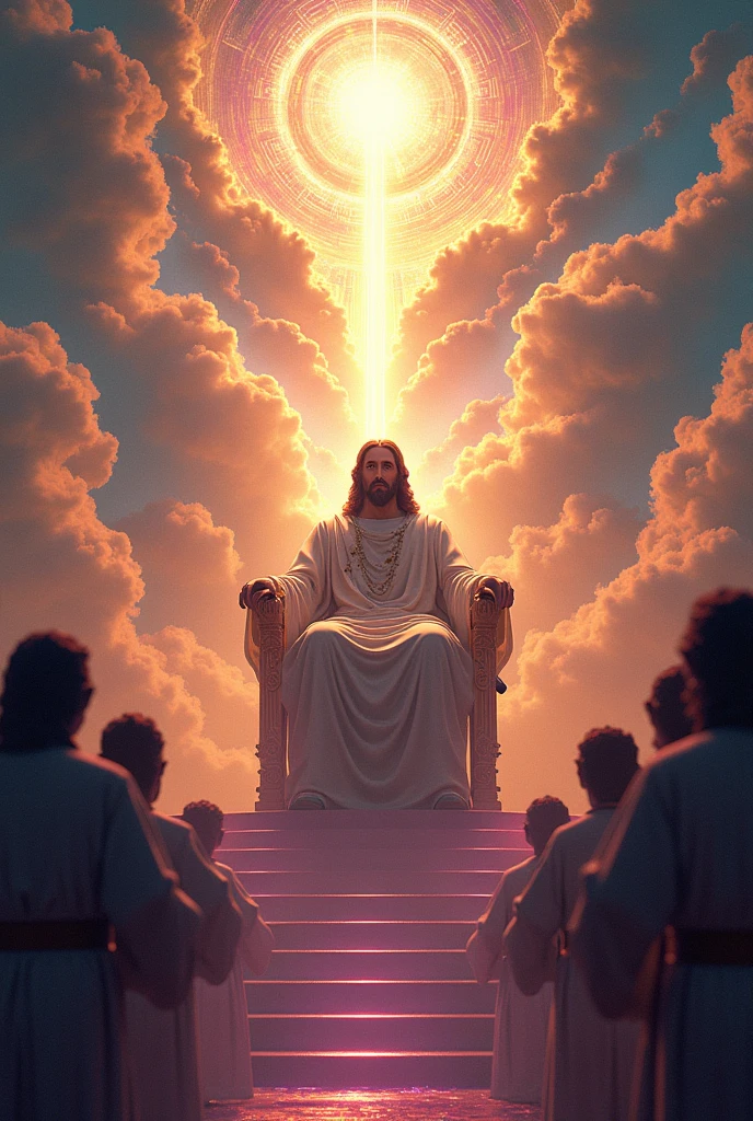 Glorious return of Jesus Christ seated on the throne and as King in the clouds of heaven with thousands of angels. surreal, digitl art, brain waves, flow of information, cultural transmission, subconscious, abstract pattern, neon colors, glitch art, cinematic lighting, hyper detailled, 8k, photorrealistic, Volumetric, Ray traced, studio lighting, swirly vibrant colors, psychedelic elements.