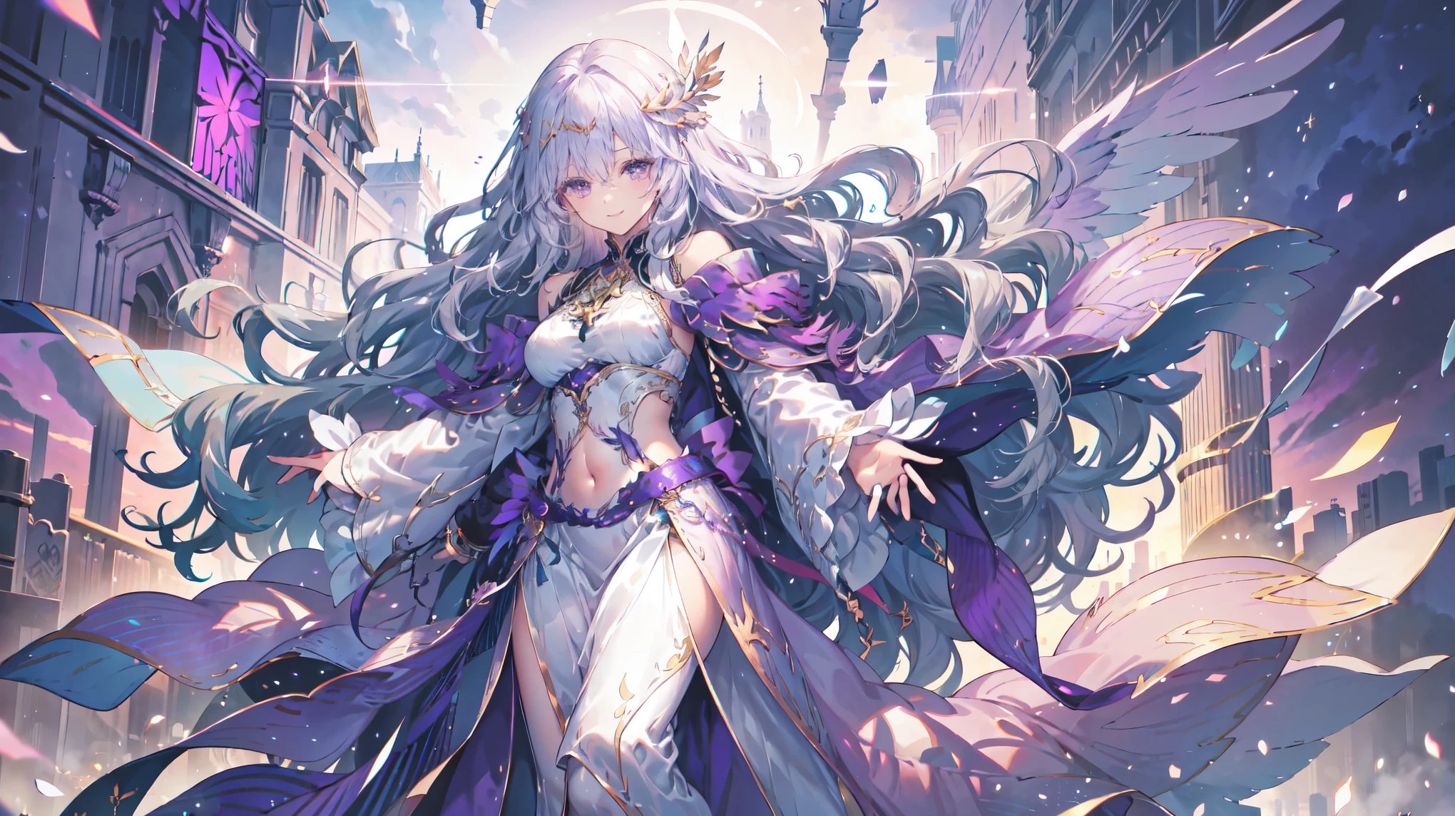 (Highest quality, 8k, CG), Beautiful and exquisite body,Lavender colored hair,Wavy Hair,beautiful girl,Dancer,slit,Belly dance,skirt,white, Fluffy long hair,Gradient Hair, Purple eyes, Exquisite eye makeup, 長さ eyelashes fluttering, Delicate lip detail, Soft and harmonious style,Exposed shoulders, bracelet,Suspended particles, Dynamic pose,One Girl,Glamour,sexy,Wearing a circlet,Wearing Jewelry,Lip gloss, (Accurate Arm, Five Fingers, Accurate legs), Ultra-high resolution, Ultra-realistic, Very detailed, Golden Ratio, Photorealistic Anime Girl Rendering, ((Beautiful smile)), Exposed shoulders, Dynamic Angle,magic