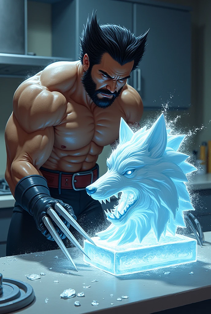 "Wolverine carving a cake out of a block of ice with his adamantium claws":Wolverine stands in a kitchen, his claws extended as he chisels away at a block of ice. The ice sculpture resembles a ferocious wolf, sharp and icy. Wolverine looks focused, with ice shards flying everywhere. The "cake" is cold, intimidating, and completely inedible. Illustrated