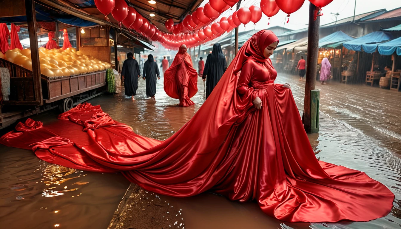 A woman shrouded in a 9-meter-long, plush red satin cloth, tightly bound and grandly draping along the form of her body, flowing off into a pooled floor-length train, styled in a mermaid-inspired outfit with ballon sleeve, her head modestly veiled in a satin hijab, tall woman, walk in wet traditional market, a full-body pose conveying a sense of elegance, captured in a 4k resolution, ultra-realistic