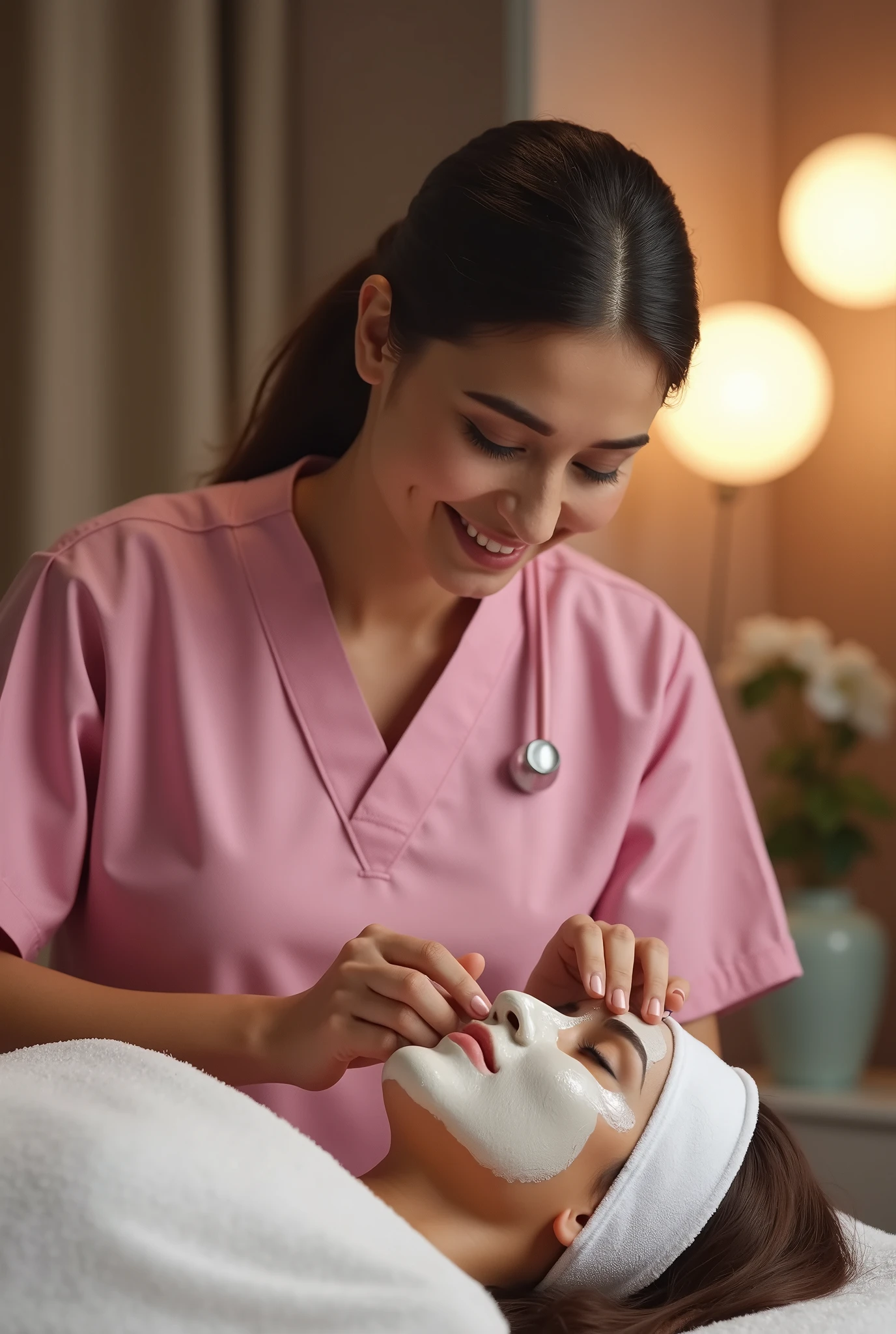 pakistani doctor, pink scrubs, aesthetic clinic, sitting in a facial clinic, with a client laying on spa bed with face pack on face, beautiful detailed eyes, beautiful detailed lips, extremely detailed face and features, intricate details, photo-realistic, 8k, high resolution, masterpiece, cinematic lighting, dramatic shadows, warm color tones, elegant, professional, wide angle shot