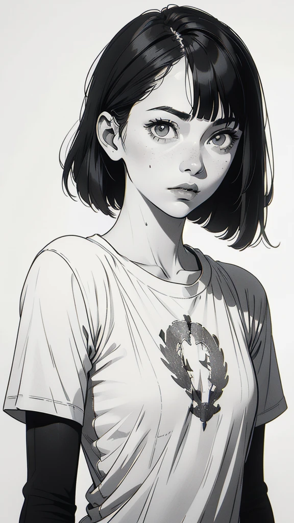 1 boyish girl, solo, sharp eyes, monochrome, greyscale, short black hair, portrait, white T-shirt, thin eyebrows, closed mouth, looking at viewer, graphite \(medium\), detailed lips, hatching \(texture\), without makeup, full bangs, upper body, (best illustration), (best quality), (very detailed), (masterpiece), expressionless,