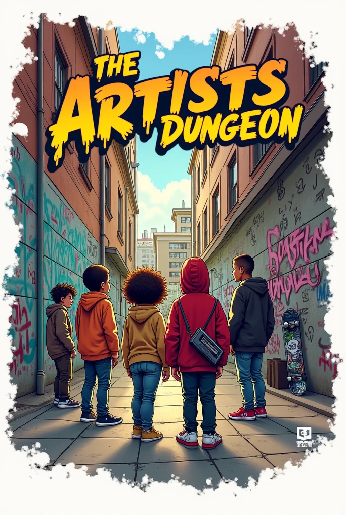 A logo with an alley where some kids are doing doodles, in the logo say: the artists' dungeon with the lyrics dripping and there are also some kids rapping with a retro hip hop style radio on their shoulder and in one corner in the background you can see a skate park, that shows the organic nature of making music with friends on the street with white and brown children