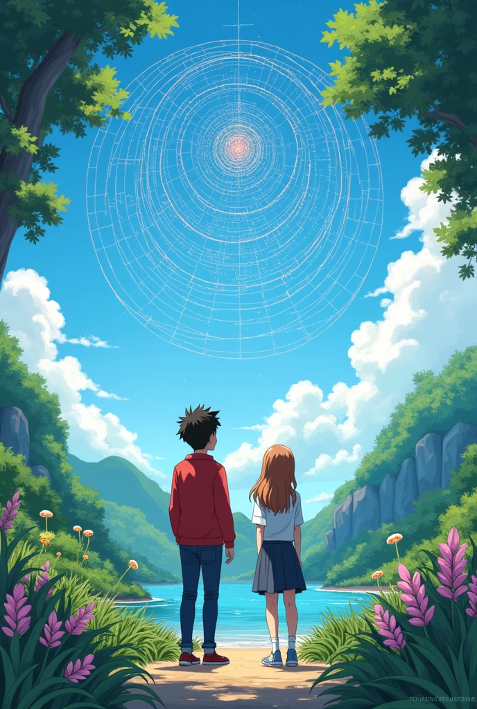 scene: Together, Leonardo, a brown-haired in a red sweatshirt, and Sophia, a brown-haired teenagersame age, observe how nature uses geometry everywhere.: in the shape of shells, The leaves, and the patterns in the snow, All this with a boku no hero academia style