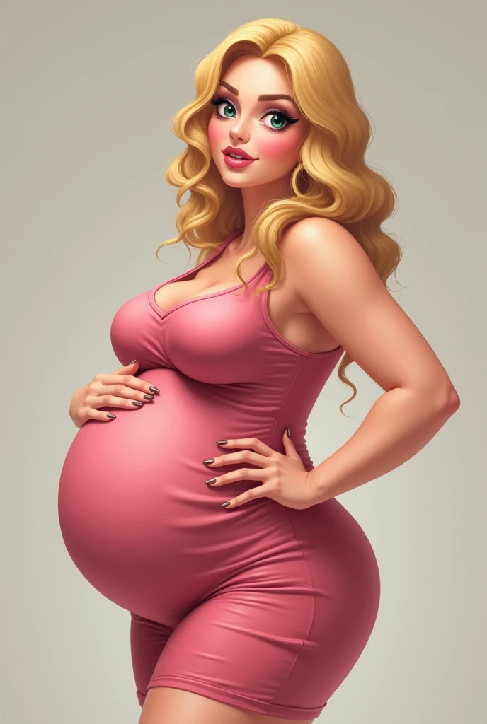 Slightly chubby pregnant blonde, thick hips, huge fat juicy butt, huge pregnant belly, wearing tight rose pink dress, biting bottom lip, light makeup, hands on hips, side view, doing yoga