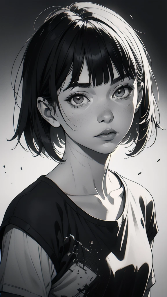 1 boyish girl, solo, sharp eyes, monochrome, greyscale, short black hair, portrait, white T-shirt, thin eyebrows, closed mouth, looking at viewer, graphite \(medium\), detailed lips, hatching \(texture\), without makeup, full bangs, upper body, (best illustration), (best quality), (very detailed), (masterpiece), expressionless,