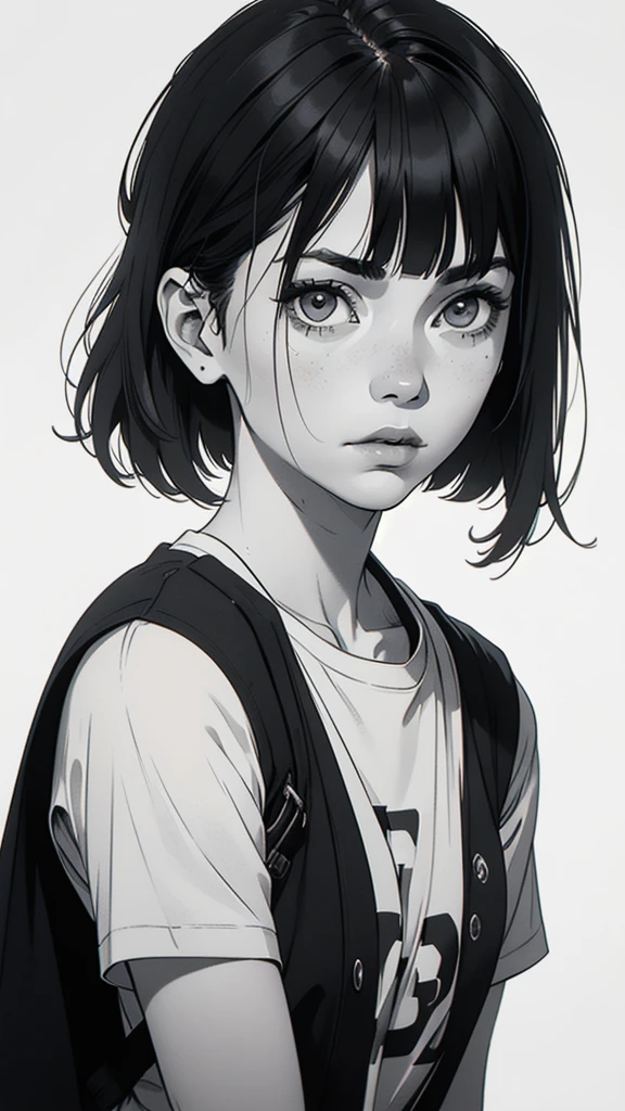 1 boyish girl, solo, sharp eyes, monochrome, greyscale, short black hair, portrait, white T-shirt, thin eyebrows, closed mouth, looking at viewer, graphite \(medium\), detailed lips, hatching \(texture\), without makeup, full bangs, upper body, (best illustration), (best quality), (very detailed), (masterpiece), expressionless,