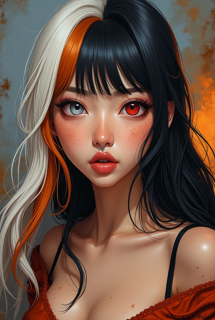 Realistic oil painting from Marvel comics 200s style : A Korean woman, 19 years, with long half white half black hair with orange highlight, and bangs, heterochromia red right eye and white left eye, slepy eyes, freckles all over your body and face, arched eyebrows, septum piercing.