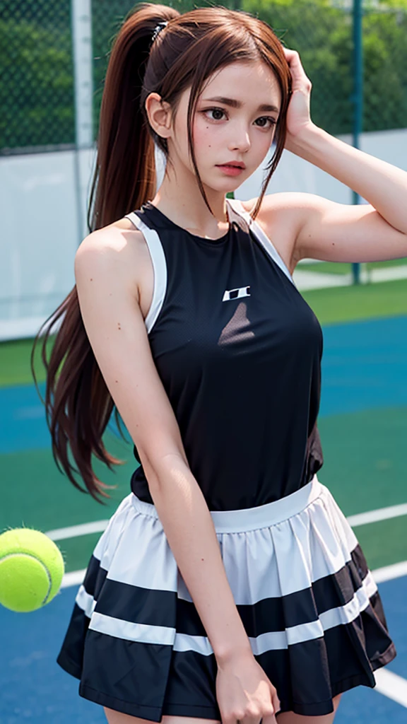 1 female, high resolution, Long hair, Ponytail, High Detail, best quality, masterpiece, sportswear，play tennis