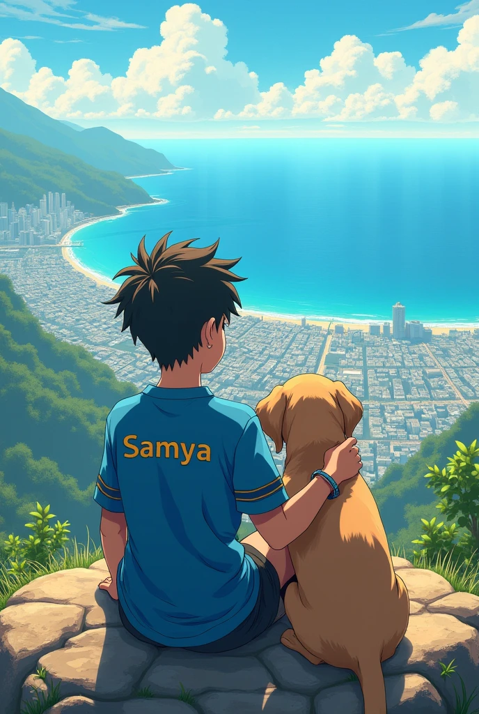 a teen Ager anime boy sit on mountain on the back of his blue shirt  is written samya he see all the city and sea her hand on a labrador dog  in a very summer day 