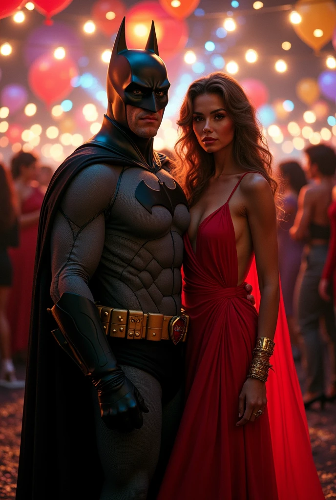 Batman, in his iconic black suit, stands alongside a stunningly beautiful woman in a long, flowing red dress. She exudes confidence and allure, her gaze fixed on the camera. The background is a bustling 90s gala, with sparkling lights, balloons, and guests in stylish evening wear dancing to upbeat music. The scene captures the contrast between Batman's dark and brooding persona and the vibrant energy of the glamorous party.