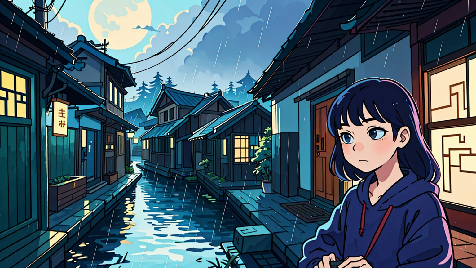 asian views, asian building, looks so wonderful, rainy, starynight,Luna, night and rain, the landscape passing by, Elogio Artstyle, Arte Lofi, lofi aesthetic, Lofi Sensation, Hip Hop Lofi,  , Retrato Lofi, lo fi, arte lo-fi, vibe, badass vibes , cores , lofi girl aesthetic, highquality art, 4K, longhair, sexy girl, lofi