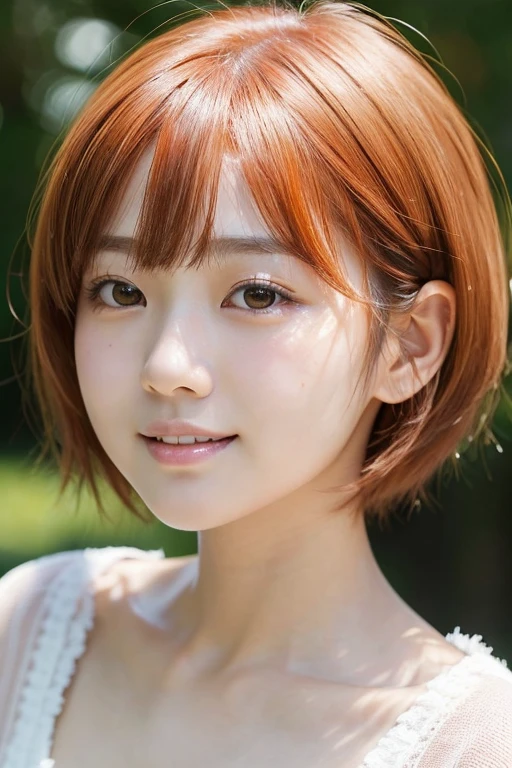 masterpiece, (photo realistic:1.2),(full body),14才, young japanese girl, puffy face, (broad jawline:1.2), shiny skin, detailed skin, ((no makeup)), pale pink orange hair, messy hair, short Bob Cut, front view , close-up, from bottom, (laugh out), チュールスカート
