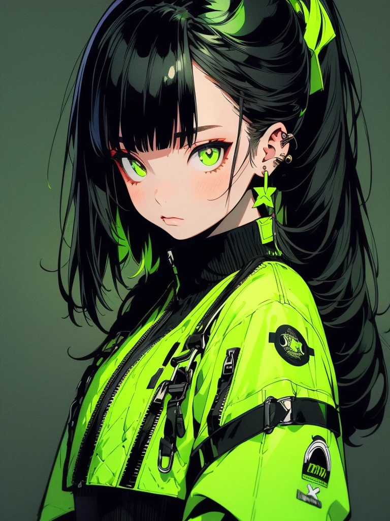 A goth girl in a TOXIC city, Tu hoja de personaje es un lienzo para infinitas posibilidades y expresiones siniestras, por el verde, ojos verdes, Entorno Cyberpunk, detalles, proporciones perfectas, ambiente toxico