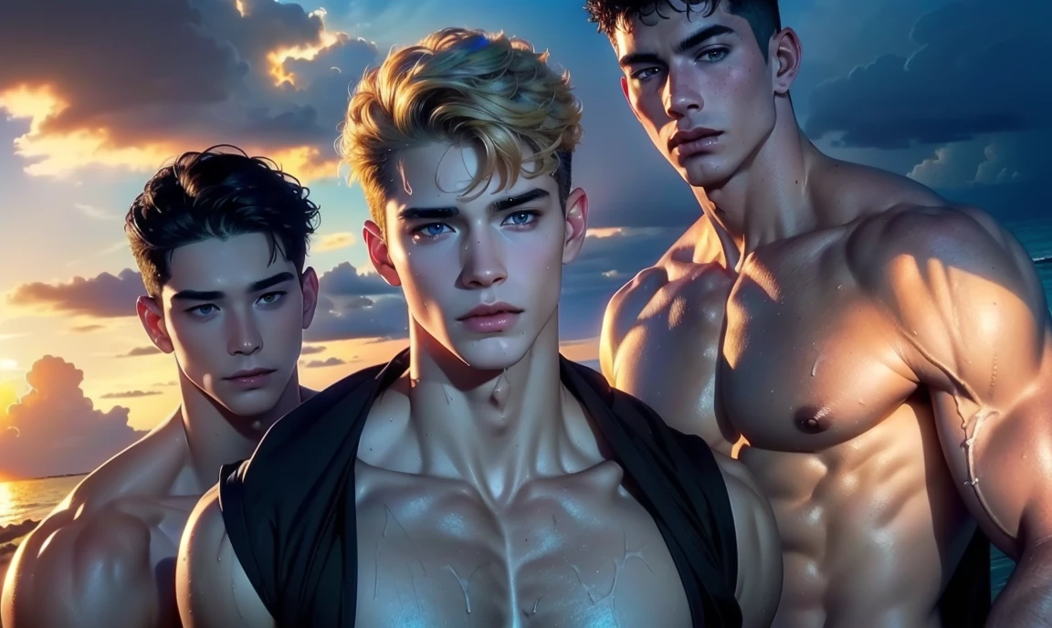 [((highly detailed, detailed eyes, detailed face, clear and realistic facial features, photorealistic, realistic light, cinematic, close up)), ((((3 men, each man looks unique, each man has a different natural hair color and different facial features and skin color)))), (((sexy male college-age jocks standing on the beach looking horny and sexually frustrated))), ((expression of sexual interest)), ((dilated pupils and flushed skin)), ((wearing casual clothes)), ((beautiful deserted tropical island with a storm in background))]