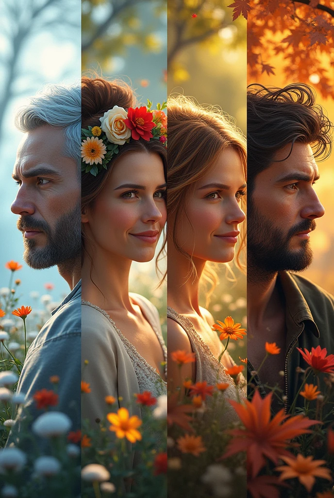 Create images of personified seasons: you will see a woman, winter a man, spring a woman and autumn a man.