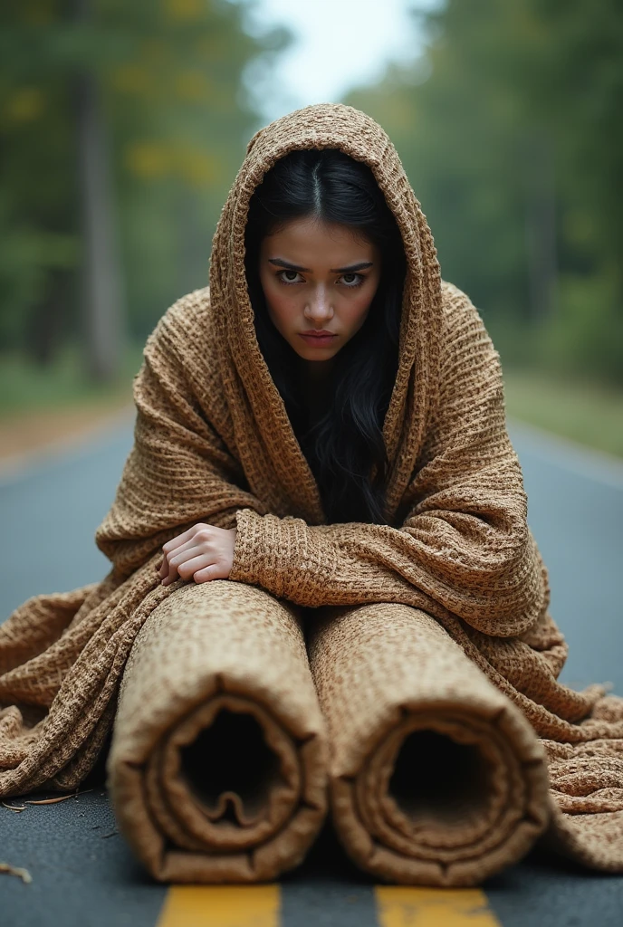 Two native woven matts on the road. One matt is rolled up. The other matt is wrapping around a female human with having a fear expression.