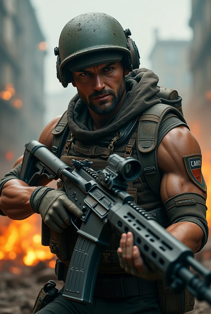 A fierce PUBG character armed with a weapon, dynamic action pose, detailed military outfit, gritty environment, intense focus, cinematic lighting, photo taken with Canon EOS R, 50mm f/1.8 --ar 1:1 --no text