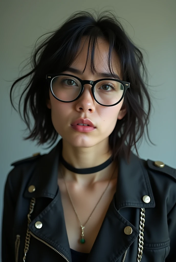 Raw photo a 21yo woman wearing black glasses with an exahusted face, jacket with chains