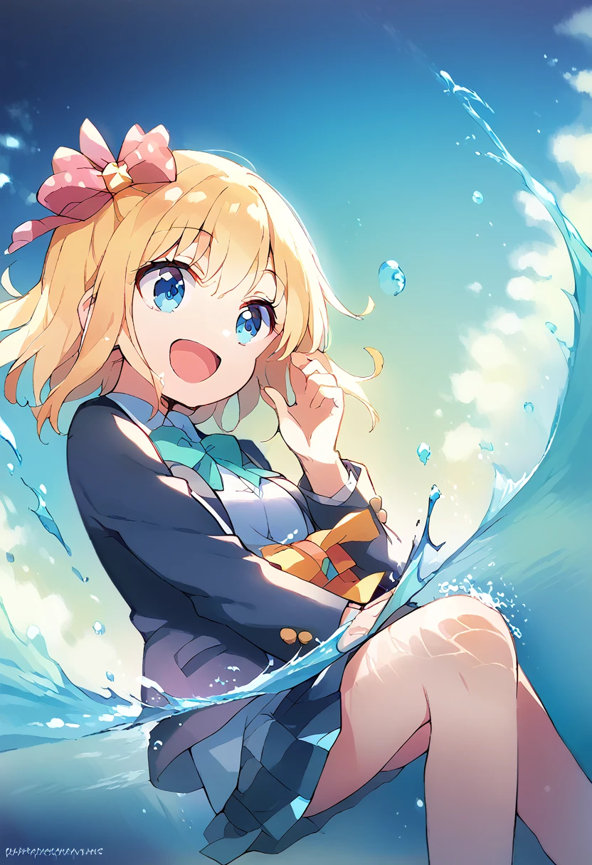 (8k, Highest quality, masterpiece: 1.2),Ultra-high resolution, 1 person, cute, solo,Highly detailed face, Blonde, high school girl, School Uniform, blazer, blouse, ribbon, Box Skirt, navy blue, Slightly longer, Ocean, Ocean水浴, Soaking wet, splash, Water Play, Submersion, Childlike, The best smile, Date, Excited