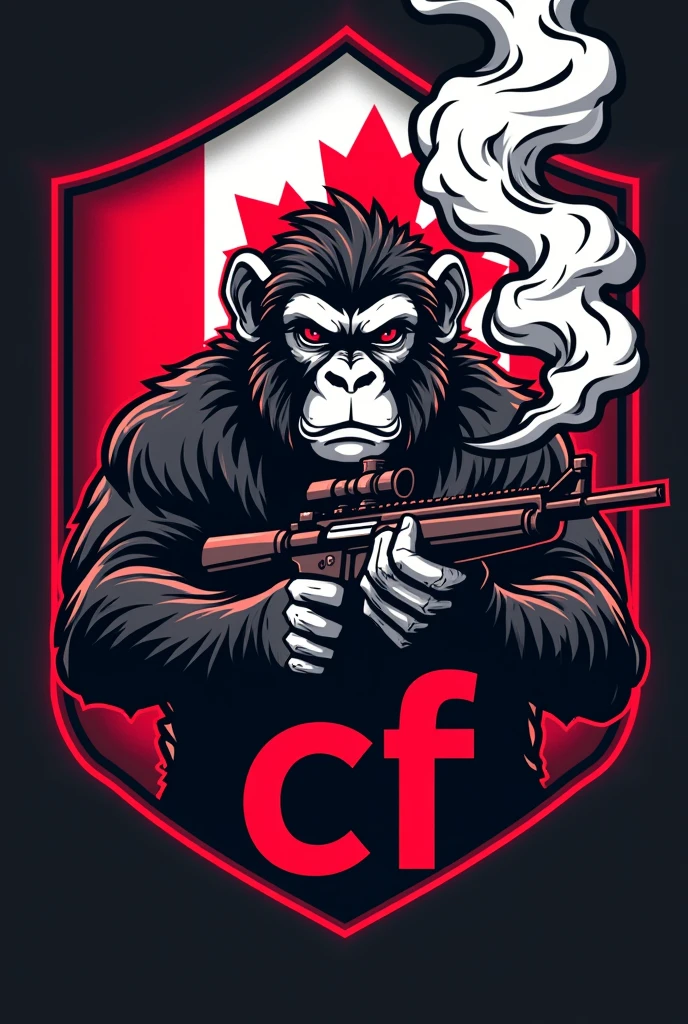 CREATE AN E-SPORTS TEAM LOGO WITH A MONKEY SMOKING AND HOLDING A RIFLE IN THE LOGO AND PLACE IT "CF" FEATURED IN THE LOGO, WITH THE CANADIAN FLAG