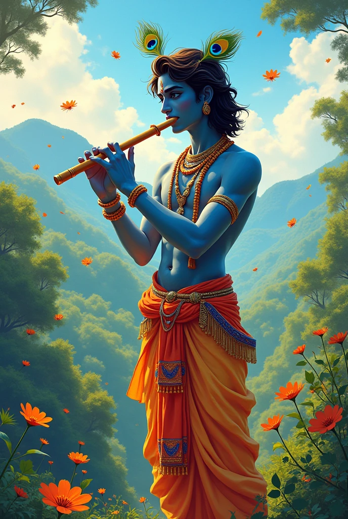 Creat vibrant lines imaginary image of krishna with is flute and peacocks feathers .if he is genz