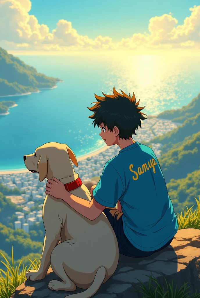 a teen Ager anime boy sit on mountain on the back of his blue shirt is written samya he see all the city and sea her hand on a labrador dog in a very summer day