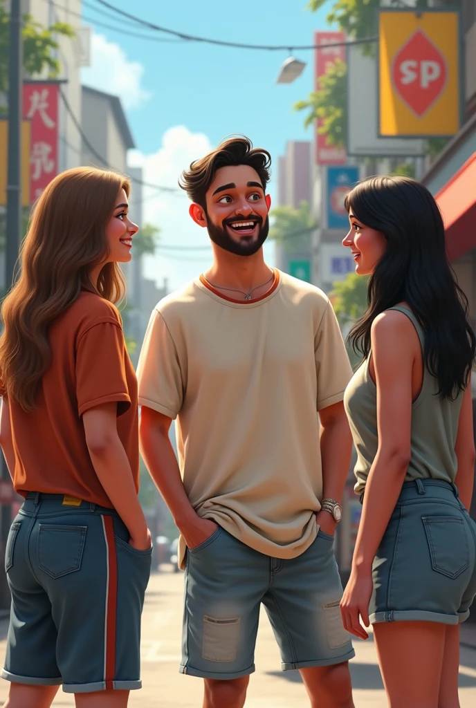 Lunki wearing man talking to friends on street