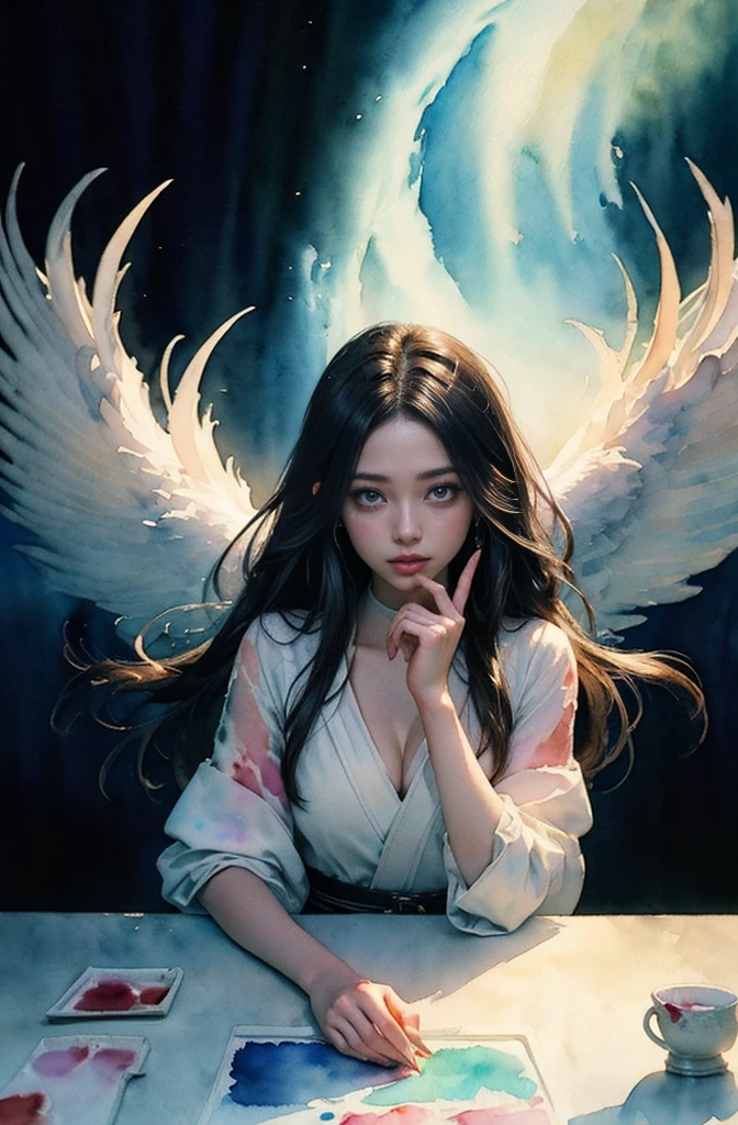 (Tabletop, Highest qualityの, Highest quality, Official Art, (beautifully、aesthetic:1.4), (Watercolor:1.4) ), (Izanami 1.5), 日本のgod話の女god, Majestic beauty, 創造の女god、生命の女god、Typically、((((Typically))))、Reincarnation Support, god'Grace, Gentle and meditative expressions, Flowing, celestial garments, Shine、Created all the landscapes and worlds on Earth, A dazzling dance of light, Whispers of Ancient Legends,Hands below chest level,The hair is a little shorter