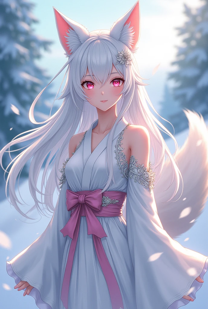 anime female character, long white hair, pink eyes, snow white complexion, with fox ears and nine fox tails, Long kimono suit with a bow