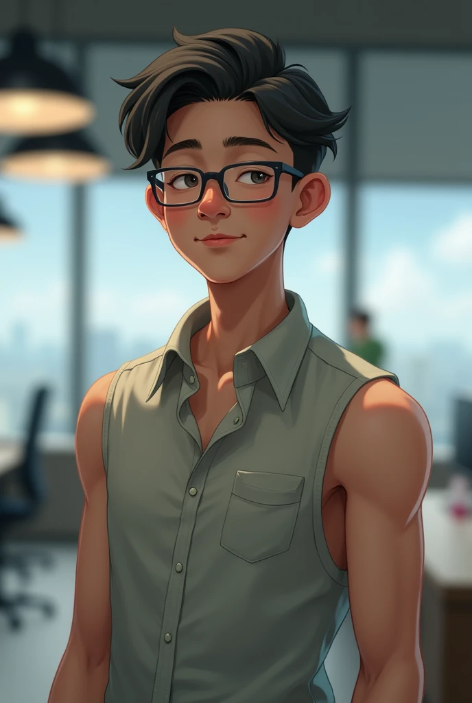 A office Asian young man 2 with glasses  , wearing a bit sleeveless shirt, dont have much muscle