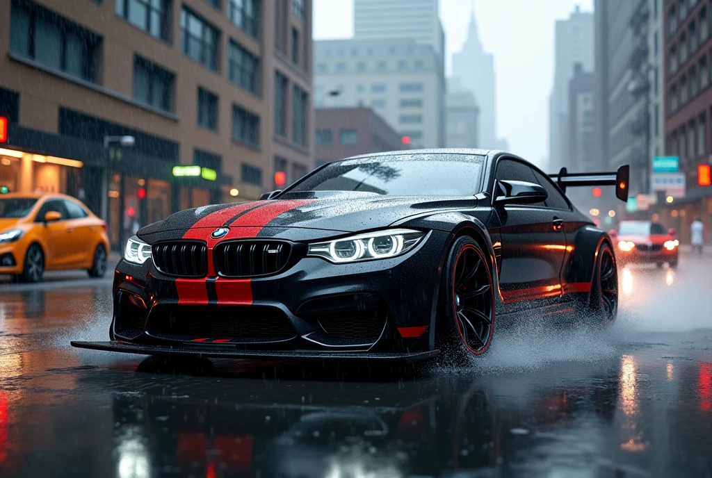 Bmw m competition black and red in new york city full rainy weather
