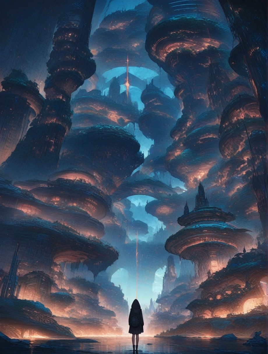 score_9, score_8_up, score_7_up, score_anime, masterpiece, best quality, delicate illustration, sharp line, sharp focus, BREAK,Traveler girl wandering in the ruins of endless night, the girl is wearing a hood, a lot of baggage in her backpack.,Night, future city, fantastic landscape, beautiful scenery, harmony with nature, spectacular view, machine city,((dark))