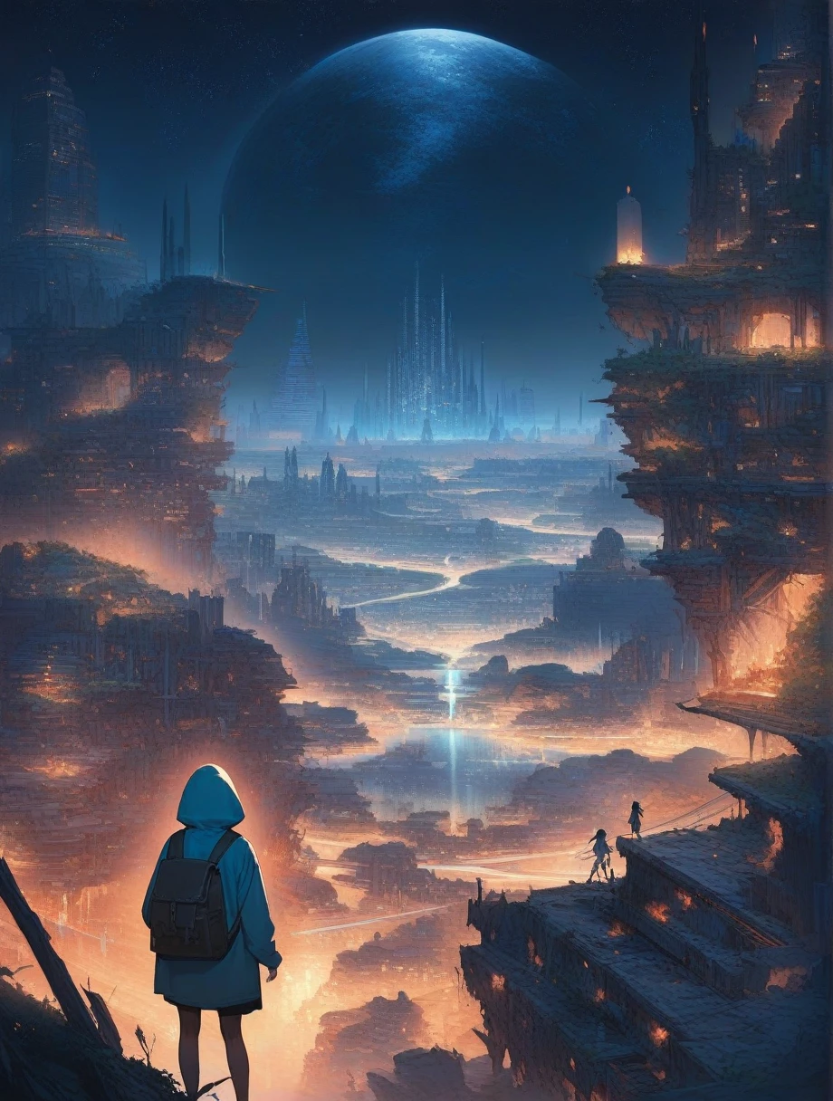 score_9, score_8_up, score_7_up, score_anime, masterpiece, best quality, delicate illustration, sharp line, sharp focus, BREAK,Traveler girl wandering in the ruins of endless night, the girl is wearing a hood, a lot of baggage in her backpack.,Night, future city, fantastic landscape, beautiful scenery, harmony with nature, spectacular view, machine city,((dark))