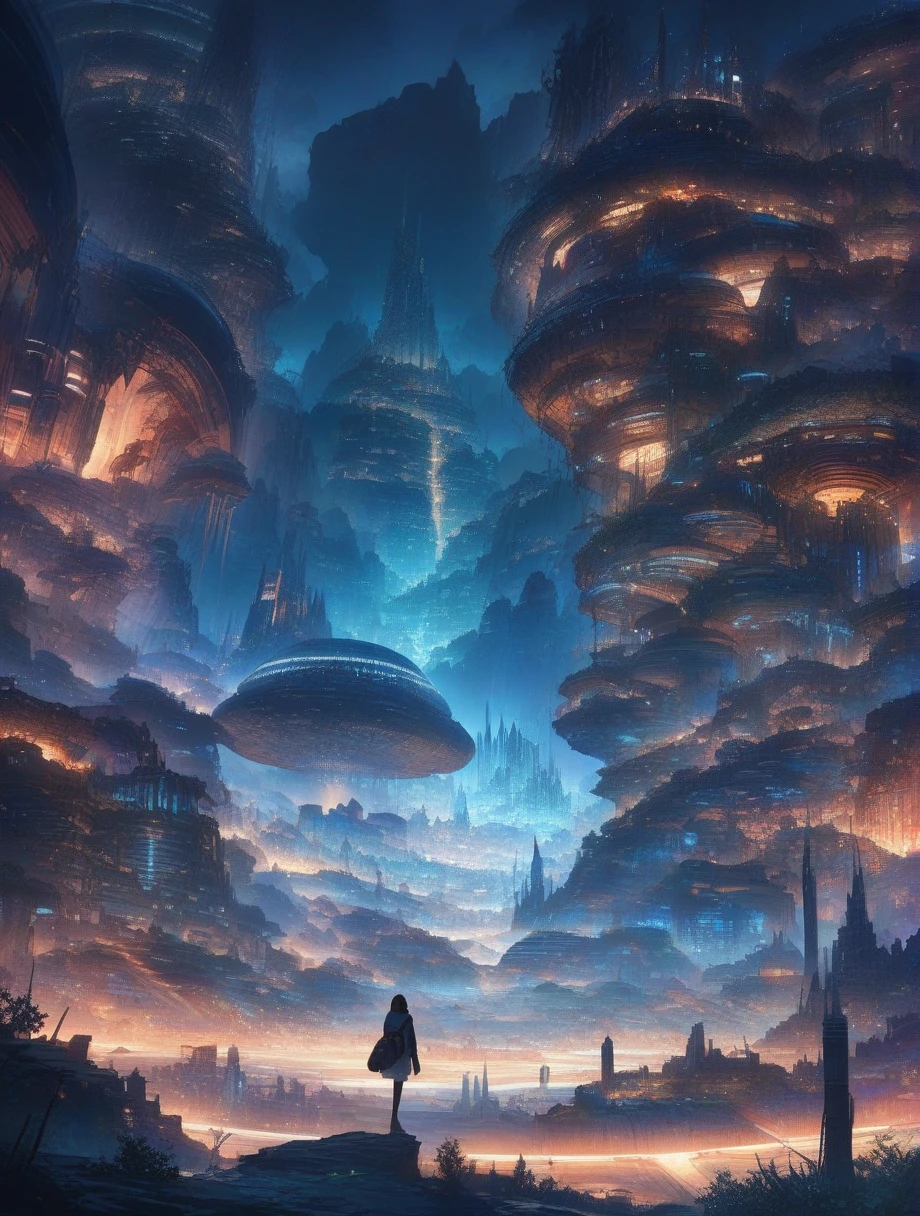score_9, score_8_up, score_7_up, score_anime, masterpiece, best quality, delicate illustration, sharp line, sharp focus, BREAK,Traveler girl wandering in the ruins of endless night, the girl is wearing a hood, a lot of baggage in her backpack.,Night, future city, fantastic landscape, beautiful scenery, harmony with nature, spectacular view, machine city,((dark))