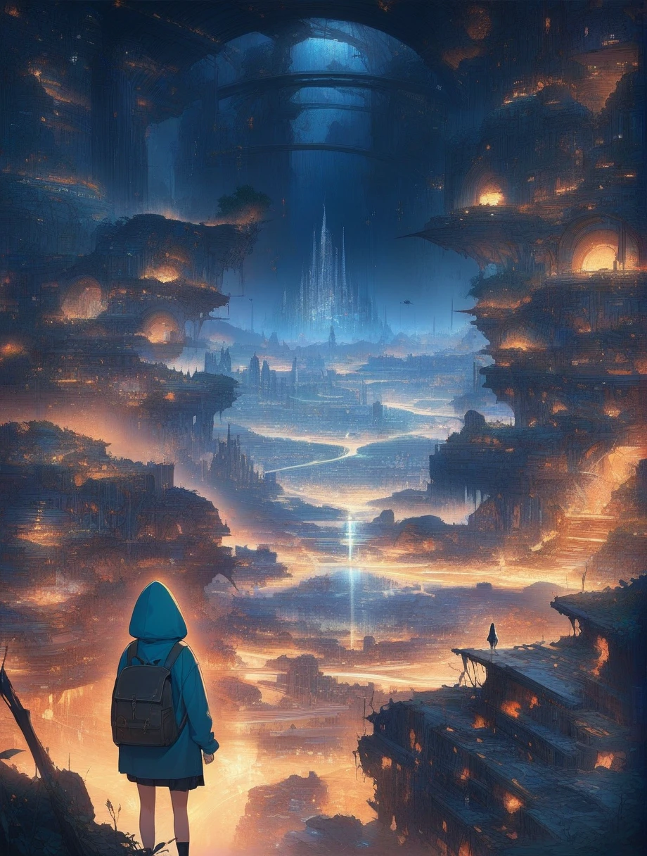 score_9, score_8_up, score_7_up, score_anime, masterpiece, best quality, delicate illustration, sharp line, sharp focus, BREAK,Traveler girl wandering in the ruins of endless night, the girl is wearing a hood, a lot of baggage in her backpack.,Night, future city, fantastic landscape, beautiful scenery, harmony with nature, spectacular view, machine city,((dark))