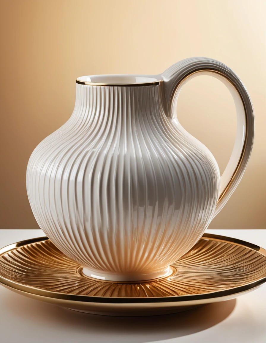 Capture a stunning close-up shot of a ceramics masterpiece, showcasing intricate details and textures. The piece should be rendered in 8K resolution with ultra-high definition, allowing every sparkle to shine. Frame the shot to highlight the ceramic's curves and ridges, with soft, natural light casting a warm glow. The subject is placed on a clean, white surface, accentuating its beauty,ImgFixerPre0.3