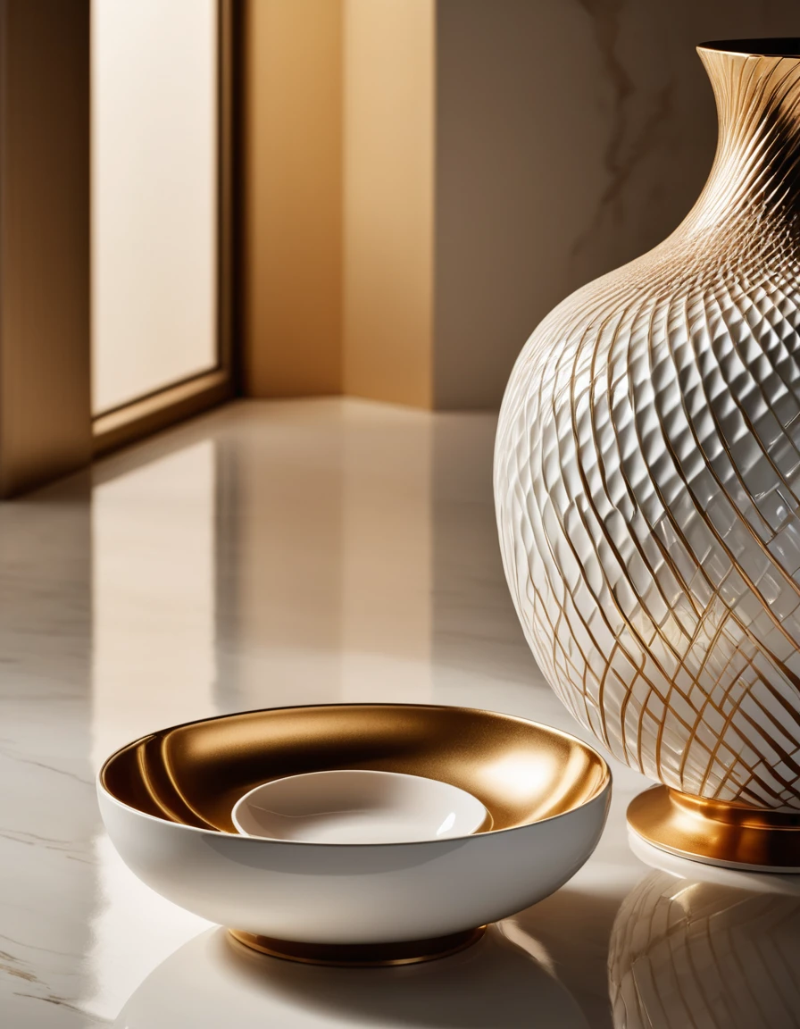 Capture a stunning close-up shot of a ceramics masterpiece, showcasing intricate details and textures. The piece should be rendered in 8K resolution with ultra-high definition, allowing every sparkle to shine. Frame the shot to highlight the ceramic's curves and ridges, with soft, natural light casting a warm glow. The subject is placed on a clean, white surface, accentuating its beauty,ImgFixerPre0.3