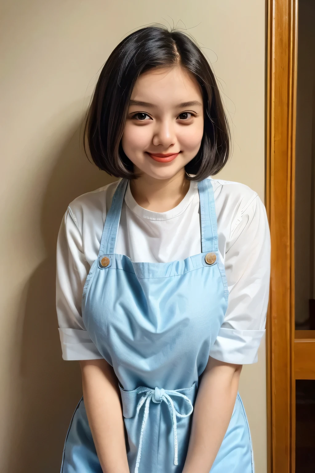 adorable, 1 girl, (face to face), , baby face, happy, medium portrait, (face details: 1), (eye details:1), (( )). wearing transparent transparency mini apron, .. Cute posed. proportional body. Ultra High Res. realistic: 1.4, UHD, poke Afro Hairstyle , lace (Gigantic)