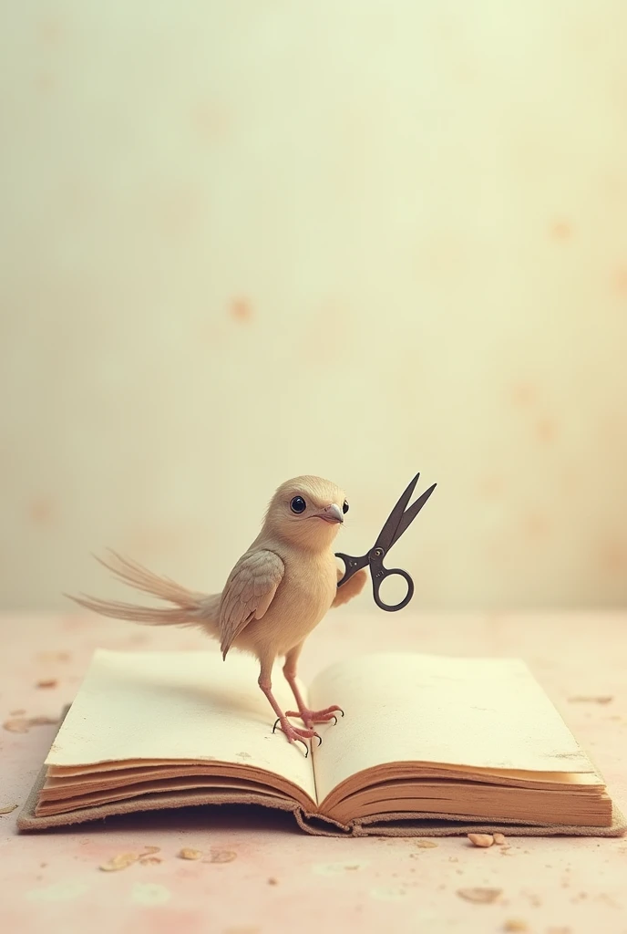 A delicate little bird with scissors and notebooks.
Pastel tones