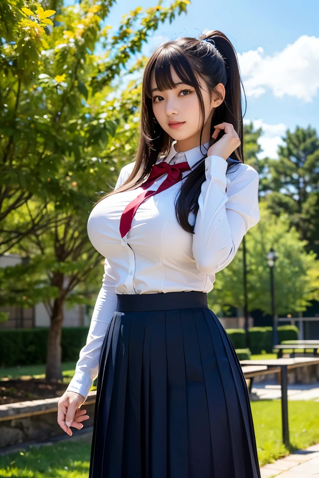 best qualtiy，tmasterpiece，超A high resolution，（realisticlying：1.4），1girll，Shoulder，Detailed eyes，Big eyes，big breasts enchanting，look at a camera,Super delicate skin，schools、(gigantic cleavage breasts)，(Sensual school uniform)，(Ultra mini skirt)，Laugh heartily，(droopy chest)、A MILF、perfect hand、perfect  eyes