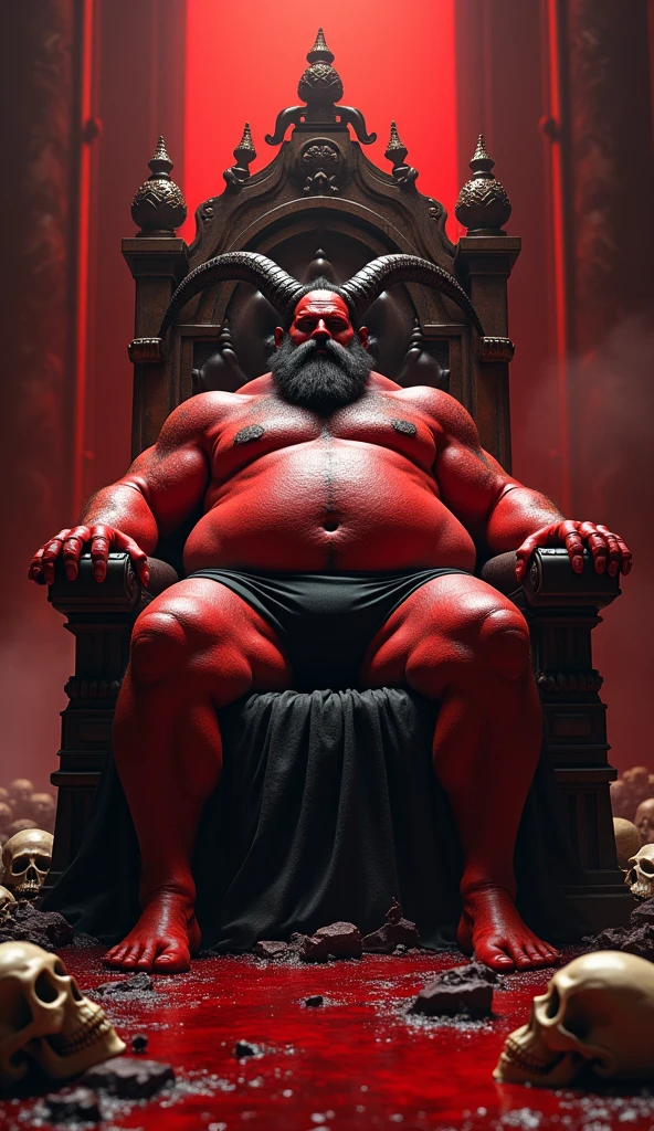 satan on his ruling throne made out of bones ,royal hall, pool of blood, red skin, chubby, hairy, hairy belly, Holding your big belly, high resolution, ultra-detailed, sharp focus, detailed eyes, symmetrical eyes, expressive eyes, clear pupils, focused gaze , king's expression is intimidating with a sense of authority, solo, masterpiece, best quality, male, mature, manly, detailed nipples, detailed navel, photorealistic, 8k, (wide dynamic range, hdr:1.2), sitting, (night:1.2), light, looking at viewer, pose, fitted underwear with a very large, realistic bulge at the front, emphasizing the natural shape, detailed fabric texture, soft shadows highlighting the contours, emphasizing the natural shape, detailed fabric texture, Blood, bones and human skulls on the ground, soft shadows highlighting the contours ,full body, spread legs, shadow, leaning back, hell, very short fur, detailed skin texture, high contrast lighting, feet