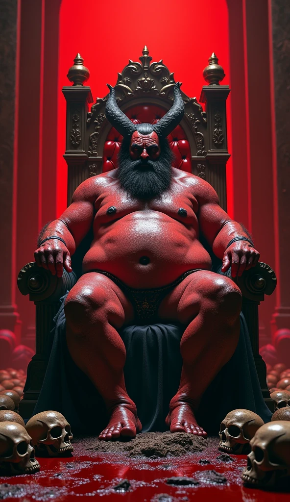 satan on his ruling throne made out of bones ,royal hall, pool of blood, red skin, chubby, hairy, hairy belly, Holding your big belly, high resolution, ultra-detailed, sharp focus, detailed eyes, symmetrical eyes, expressive eyes, clear pupils, focused gaze , king's expression is intimidating with a sense of authority, solo, masterpiece, best quality, male, mature, manly, detailed nipples, detailed navel, photorealistic, 8k, (wide dynamic range, hdr:1.2), sitting, (night:1.2), light, looking at viewer, pose, fitted underwear with a very large, realistic bulge at the front, emphasizing the natural shape, detailed fabric texture, soft shadows highlighting the contours, emphasizing the natural shape, detailed fabric texture, Blood, bones and human skulls on the ground, soft shadows highlighting the contours ,full body, spread legs, shadow, leaning back, hell, very short fur, detailed skin texture, high contrast lighting, feet