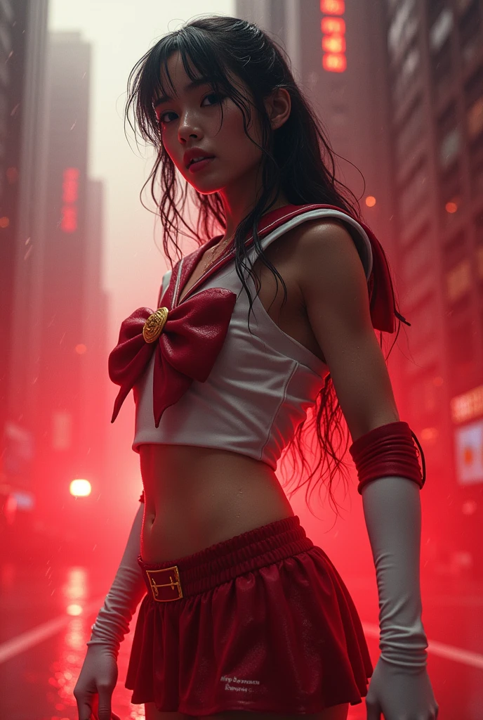 an Epic Masterpiece of a Beautiful Female Sailor Moon soaking wet from rain , action scene, determined expression, lips parted , up view, unique camera angle, Epic landscape, photorealistic, intricately detailed, 64k UHD resolution, depth of field, cinematic, vibrant ambient glowing color framework, hypershift red and white glowing radiance, magical glowing effect, smokey radiance, wet atmosphere, rain