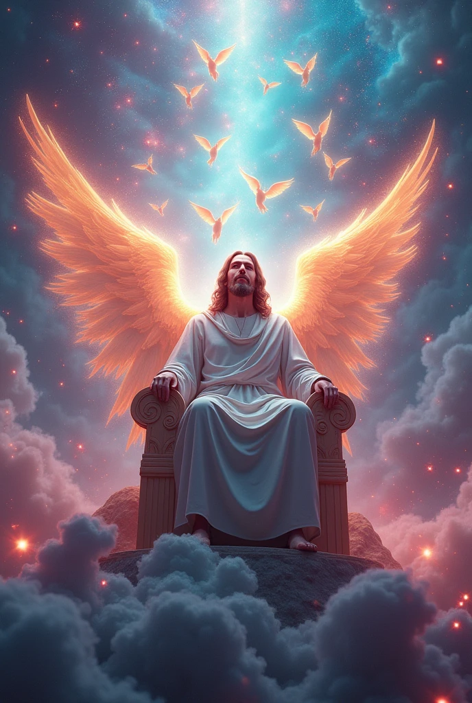 Jesus Christ sitting on the throne and as King in the clouds of heaven with thousands of angels flying. surreal, digitl art, brain waves, flow of information, cultural transmission, subconscious, abstract pattern, neon colors, glitch art, cinematic lighting, hyper detailled, 8k, photorrealistic, Volumetric, Ray traced, studio lighting, swirly vibrant colors, psychedelic elements.