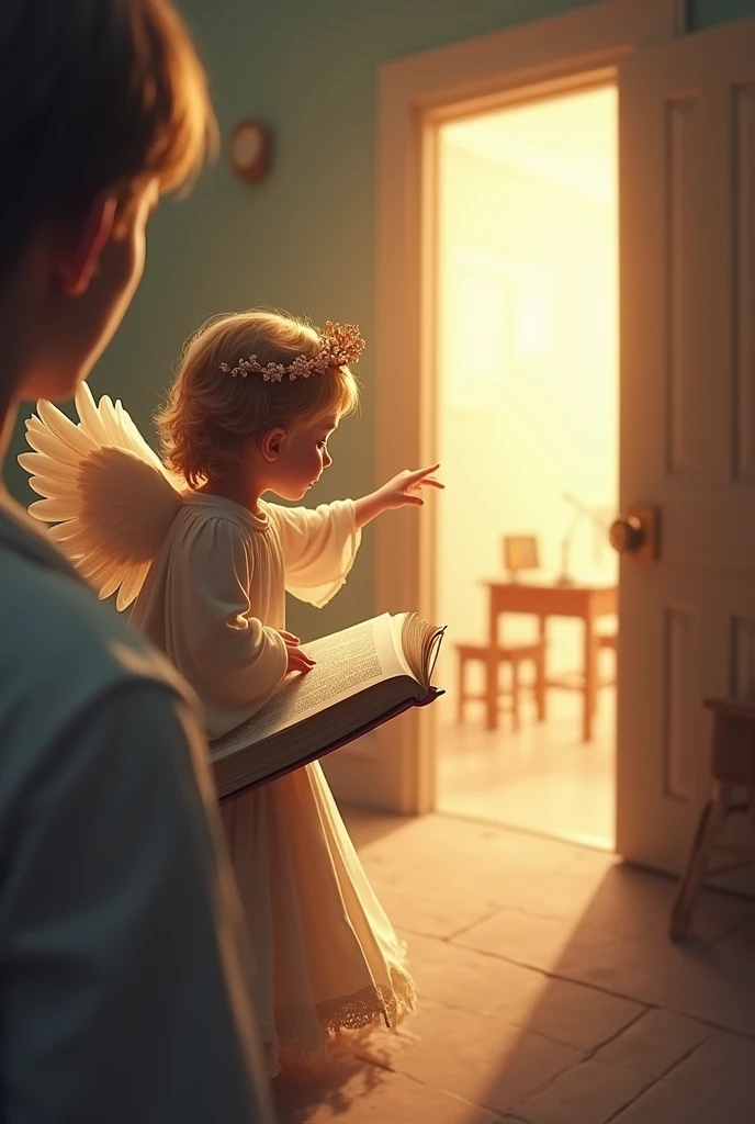 On the other shoulder, A little angel appears with a book. He points to the door of
"Effort and reward", behind which you can see a study table, but with a bright future in the background (a graduation, a dream job).
