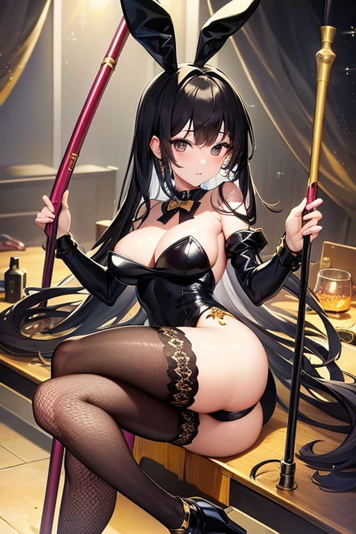 ((best quality)), ((masterpiece)), (detailed), perfect face, girl, black hair, black eyes, gold bunny suit, fishnet stockings, club theme, pole dancing,