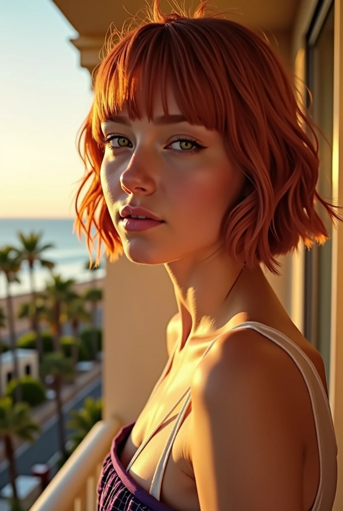 extreme close up portrait, ((Best Quality)) ,((masutepiece)),((hight resolution)),(High contrast),(High Sharp),(imperfection of the skin of the face and body),((photorealestic:1.4)), ((RAW photo)),(8K), (1 girl Emma Myers at 15 ),((Photo of a )(Emma Myers at 15), (transparent tiny white crop top), (redhead with chin length straight bob hair cut)(hair and makeup from the series "ENVIRONMENT" her role is Enid Sinclair) , (extremely short hair), ((so sexy)), ((very extremely beautiful)), hotel balcony in the tropics, face , looks into the ocean, Slender, Thin, sculpted hips ,graceful knees, very short purple pleated tarten miniskirt for small butts , beautiful view from the balcony to the ocean and palm trees, sunset over the ocean, Realistic light, eye shadow, Bottom-front view in (Half-turn) ,very thin and slender girl, girl looking to the right of the camera,(Actress Emma Myers at 15),Without cosmetics, knees, spawn, Skinny Legs, full body shot